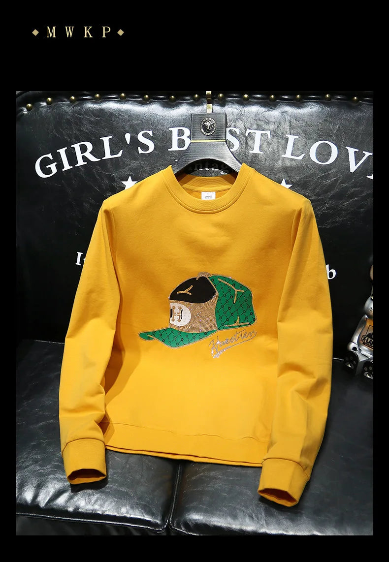 Round Collar Men's Pullover New Male Hoodies Personalized Hat Hot Diamond Print Fashionable Top Youth Bottoming Shirt Clothing