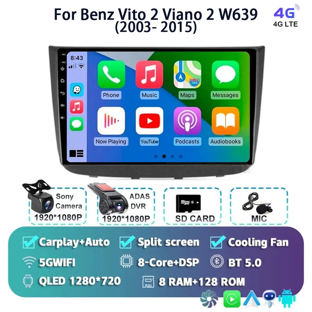 Android 14 For Benz Vito 2 Viano 2 W639 2003- 2015 2K QLED Android Car Radio Multimedia Video Player BT Stereo CarPlay Head Unit