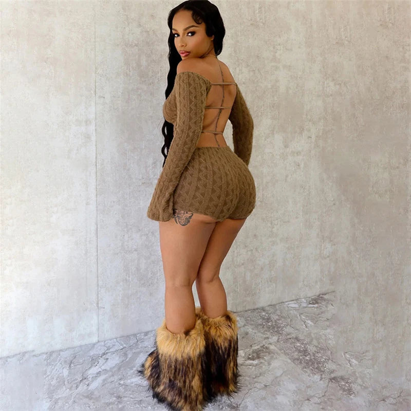 2025 Spring Women's Clothes Above Knee Sexy Knit Rib Romper One Piece Off Shoulder Long Sleeve Skinny Short Jumpsuits Playsuits