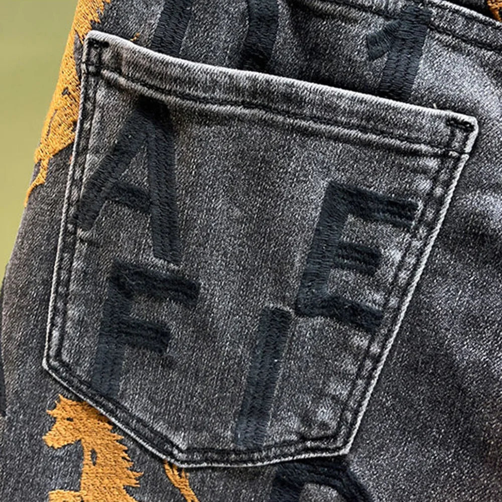 Mens Jeans Embroidered Leg Slimming Trousers Casual Streetwear Versatile Personalized Pencil Pants Men'S Wear 2024 Spring New