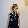 Fashion Women Celebrity Sexy Single Sleeve Rhinestone Black Maxi Long Bodycon Bandage Dress Elegant Evening Club Party Dress