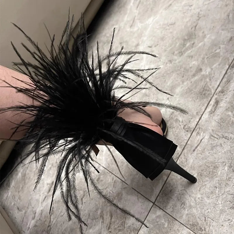 Summer new feather flower silk ribbon sexy open-toe sandals thin high-heeled banquet dress fashionable large-size women's shoes