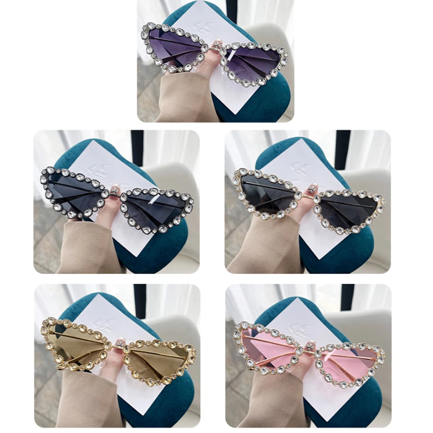KLASSNUM Luxury Woman Sunglasses Cat-eye Rhinestone Sunglasses 2024 Trendy Party Eyepiece Glitter Metal Frame Color Lens Shades