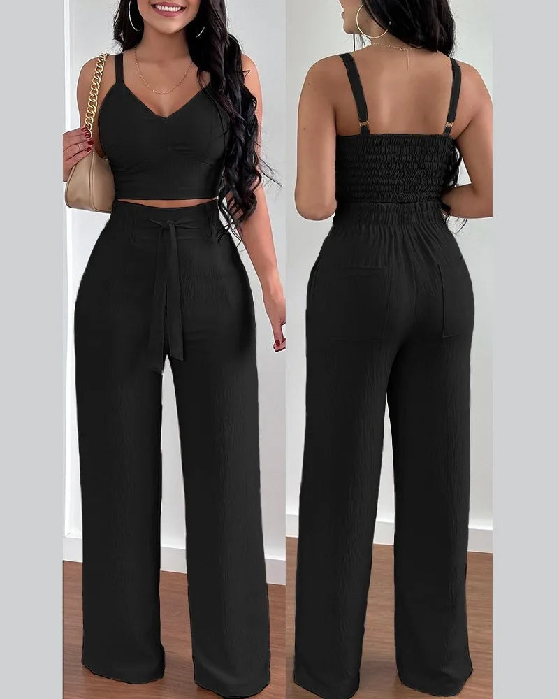 Women Fashion Print Halter V-Neck Short Tank Suit Tops Long Pants Matching Set Summer Casual Female Slim Pants Two Piece Sets