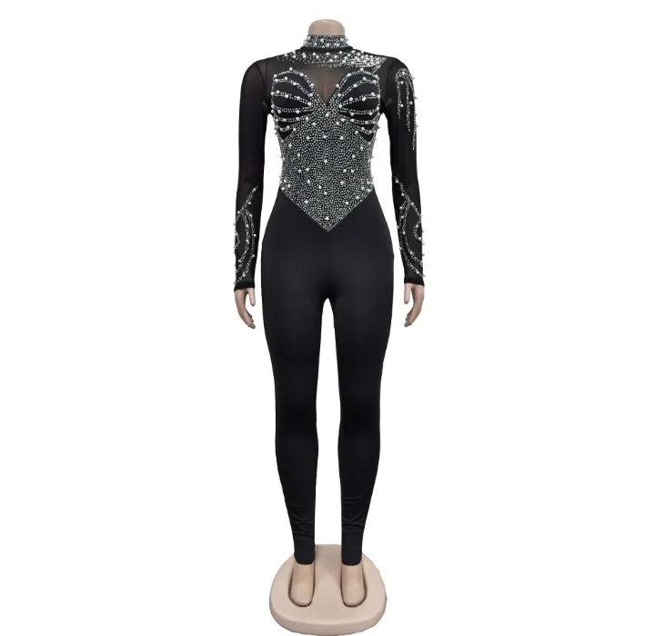 Elegant Women Jumpsuit Streetwear 2024 Spring Fashion Versatile Casual Solid Color Hot Diamond Long Sleeve Jump Suits for Female