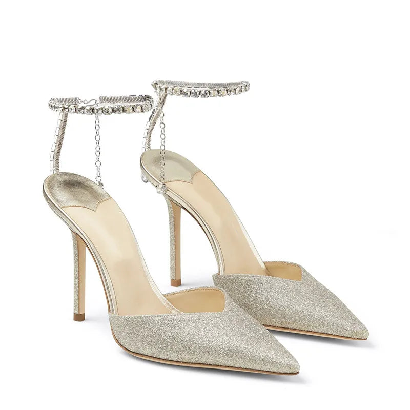 Luxury Crystal Sequined Women Pumps Elegant Thin High heels Spring Summer Fashion Chains Party Shoes Sexy Wedding Bridal Shoes