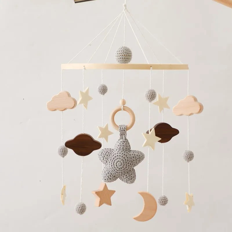 Baby Crib Mobile Bed Bell Rattle Toys Wooden Crochet Stars Pendant Bed Bell Toys Newborn Comfort Crib Bracket Hanging Toys Gifts