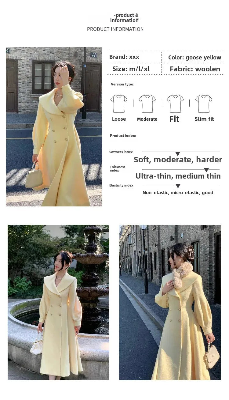 Plus Size 2024 Autumn/Winter New Style French Vintage Tweed Large Lapel Woolen Overcoat Long Sleeve Double Row Button Overcoat