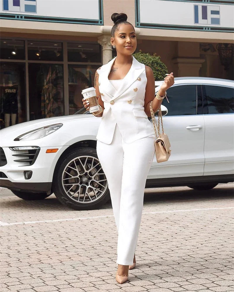 Business OL Work Wear Two Piece Pant Suits for Women Set Elegant Sleeveless Blazer Top + Pencil Pants Office Lady Matching Sets