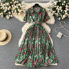 2024 Summer Women Floral Pleated Dress Vintage Turn-Down Collar Short Sleeve Single Breasted Printed Draped Midi Vestidos New