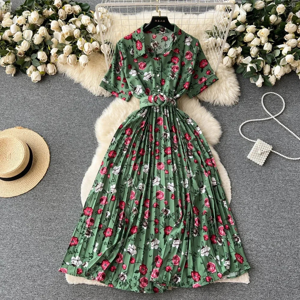 2024 Summer Women Floral Pleated Dress Vintage Turn-Down Collar Short Sleeve Single Breasted Printed Draped Midi Vestidos New
