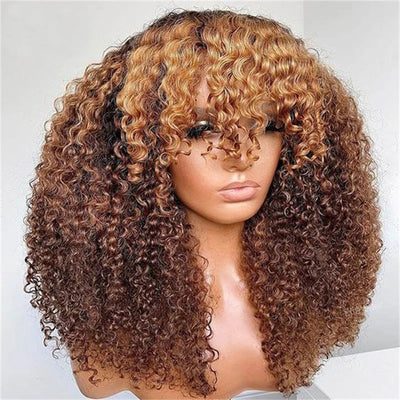 Soft Ombre Blond 26 Inch Kinky Curly Machine Wig With Bangs For Women High Temperature Fiber Cosplay Glueless Daily Use Wig