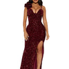 New Sexy Slit Leg Padded Long Cocktail Prom Dress Women‘s Luxury Sequin Strap Evening Party Wedding Gown Birthday Night Vestidos