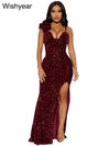 New Sexy Slit Leg Padded Long Cocktail Prom Dress Women‘s Luxury Sequin Strap Evening Party Wedding Gown Birthday Night Vestidos