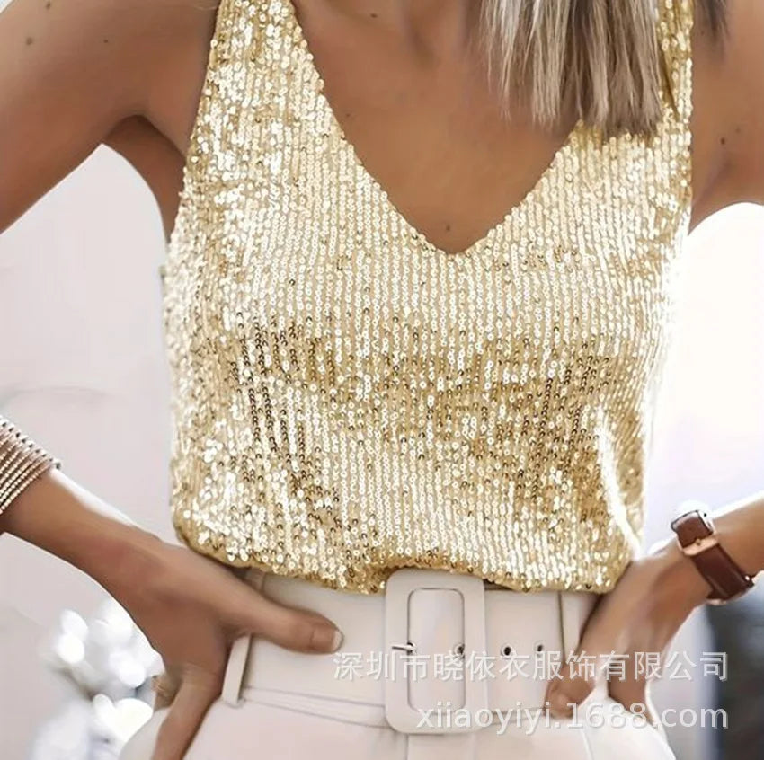 Women's Summer New Item Solid Color Fashion Sequin Light Mature Sexy V-neck Sleeveless Camisole Vest Pullover Top