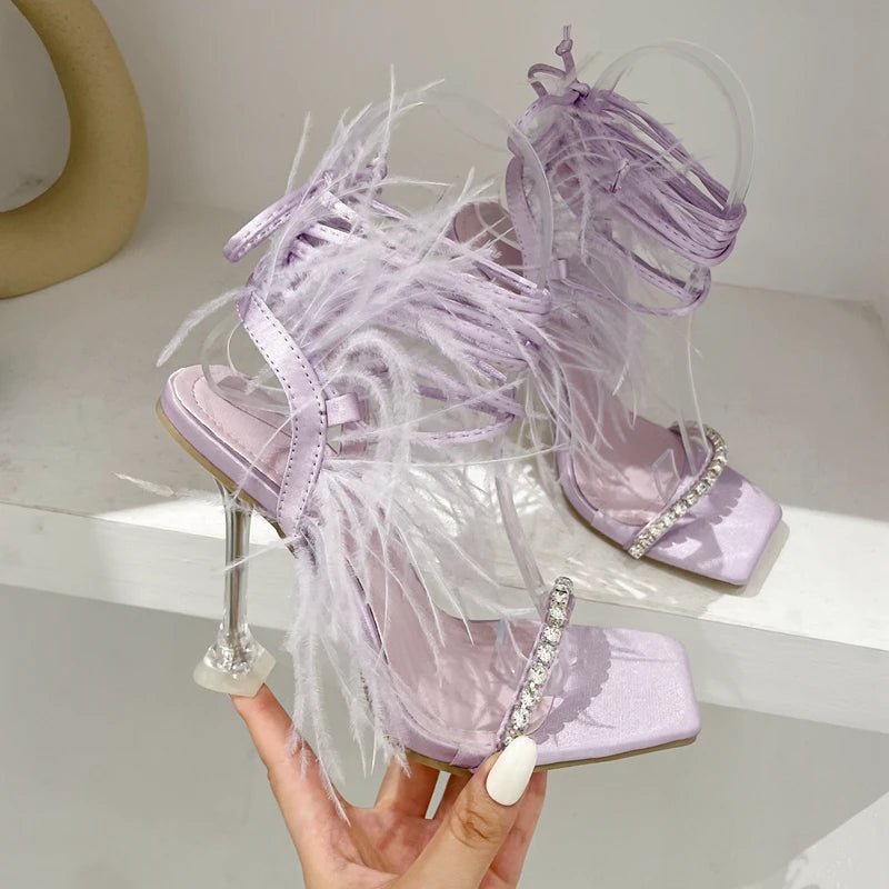 Eilyken Fashion Summer Rhinestone Feather Women Sandals Lace-up Cross-Tied Sexy Gladiator Square Toe Ladies High Heel Shoes