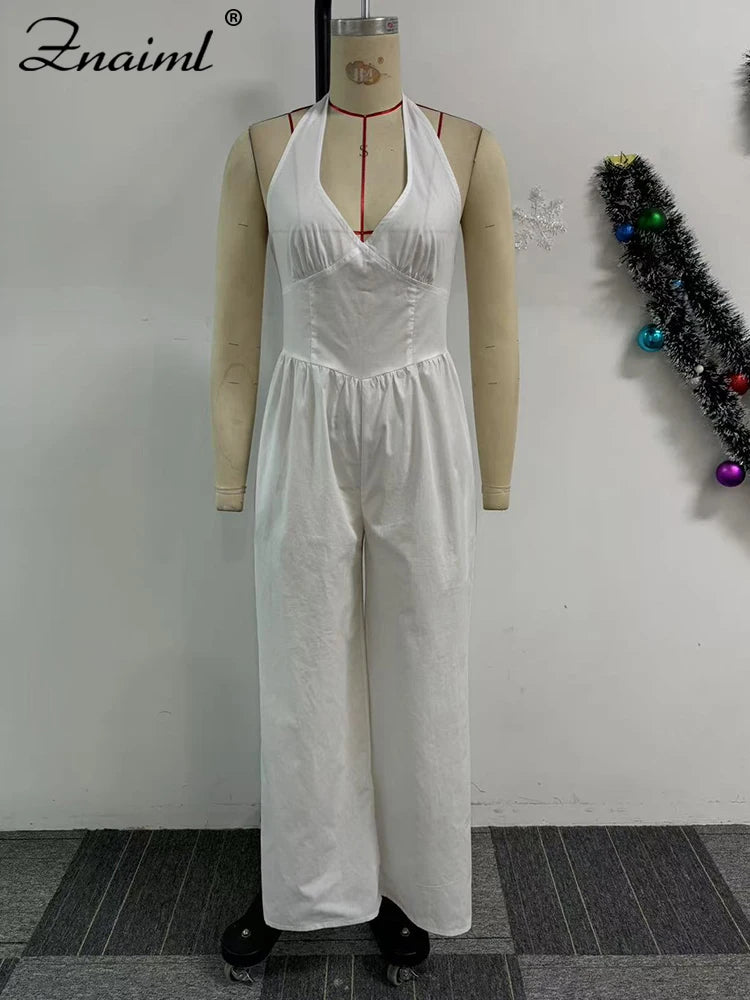 Znaiml Elegant Evening Gowns Biarthday Party One Pieces Wide Leg Pants Outfit for Women White Halter Backless Jumpsuit Rompers