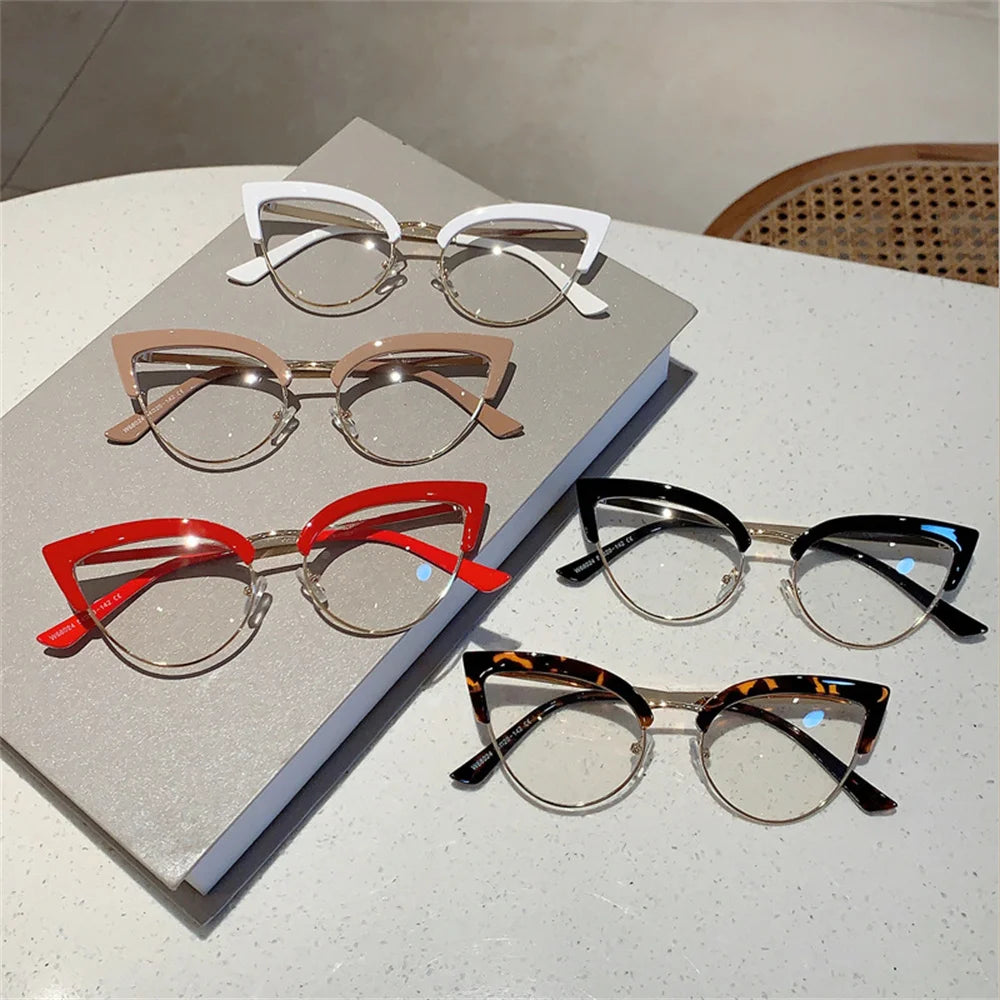 2023 New Vintage Cat Eye Glasses Frame New Stylish Semi Metal Rim Women Eyewear Trendy Brand Design Non-prescription Eyeglasses
