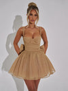 Fantoye Glitter Bright Silk Sparkling Bow Women Dress Apricot Spaghetti Strap Mini Dress Female Spring Slim Elegant Party Dress