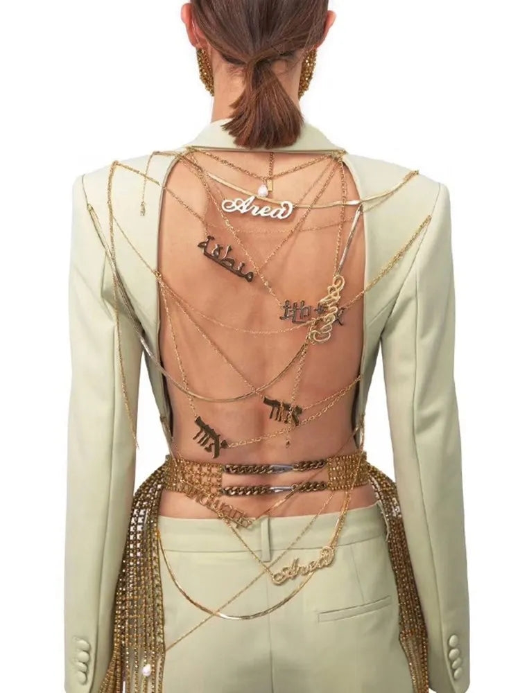 TWOTWINSTYLE Backless Spliced Button Blazers For Women Notched Collar Long Sleeve Patchwork Chain Chic Blazer Female Fashion New