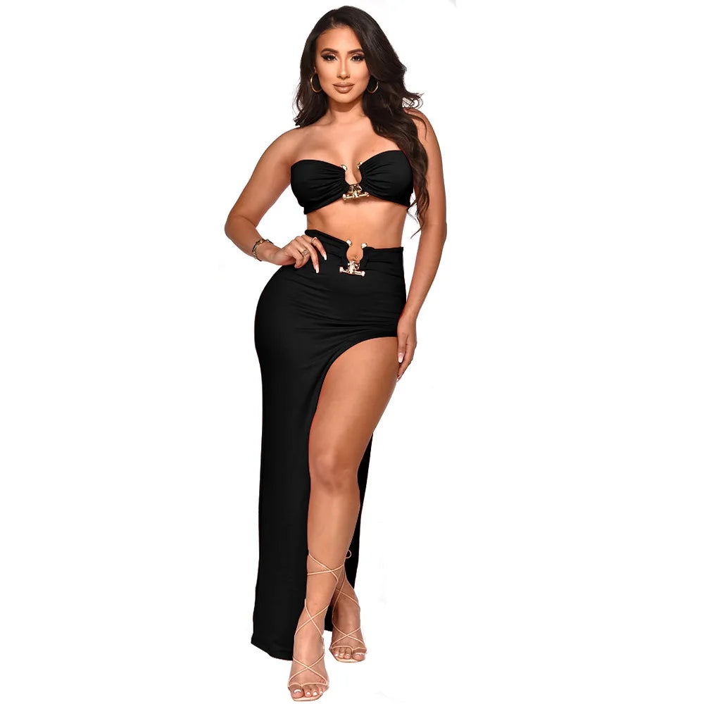 Women Two Piece Set Solid Color Breast Wrap Top and Irregular Slit Long Skirt Suit Lady Streetwear Mini Skirt Club Party Outfits