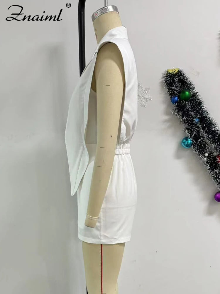Znaiml Elegant White Patchwork Rompers Playsuits Women Lapel Sleeveless Slim Shorts Jumpsuits Hollow Button Birthday Overalls