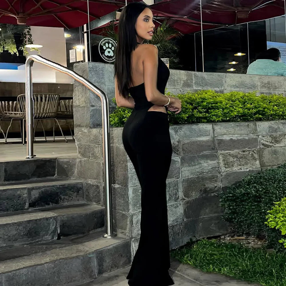 CM.YAYA Women V-Neck Backless Straight Sleeveless Flare Jumpsuits 2025 Summer Hollow Out Sexy One Piece Set Streetwear Outfits