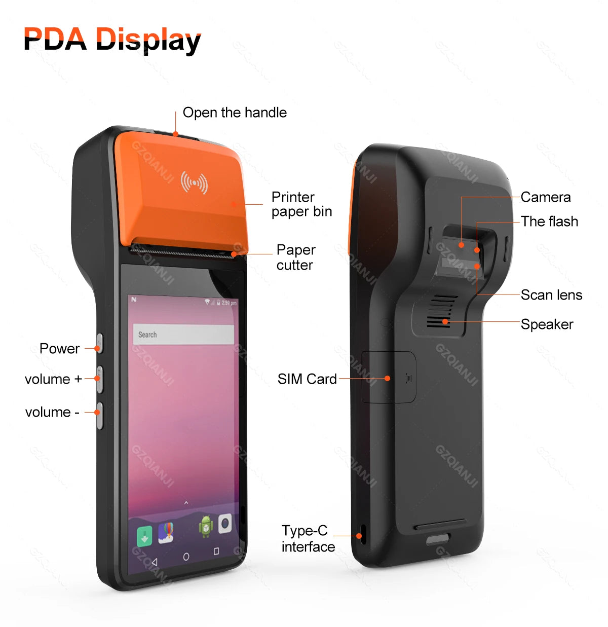 Handheld Commercial PDA Android 8.1/13 Bulit-in 58mm Thermal Receipt Printer NFC Optional for Cafeteria WIFI Bluetooth Connect