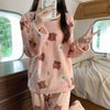 Coral Fleece Women Pajama Set Warm Winter Sleepwear Cozy Loungewear Bear Peach Print Nightwear Christmas Gift for Girls