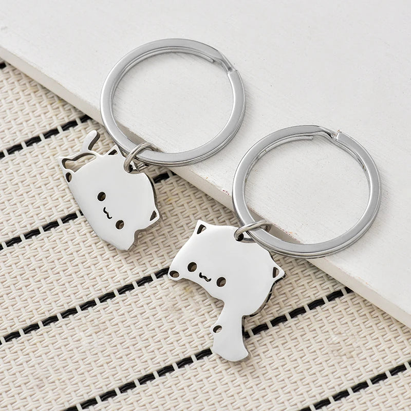 Cute Cat Keychain Stainless Steel Key ring Couple Lover Animal Matching Keyring Pendants Valentine's Day Gift