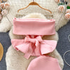 Women Vintage Two Pieces Skirt Sets Women Long Sleeve Sexy Slash Neck Bandage Ruffle Blouse Top and High Waist  Hip Wrap Skirt