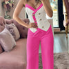 Spring Summer Sleeveless Suit Fashion Print Two Piece Sets Women Sexy V-neck Button Metal Sling Top & Wide Leg Pants Outfits