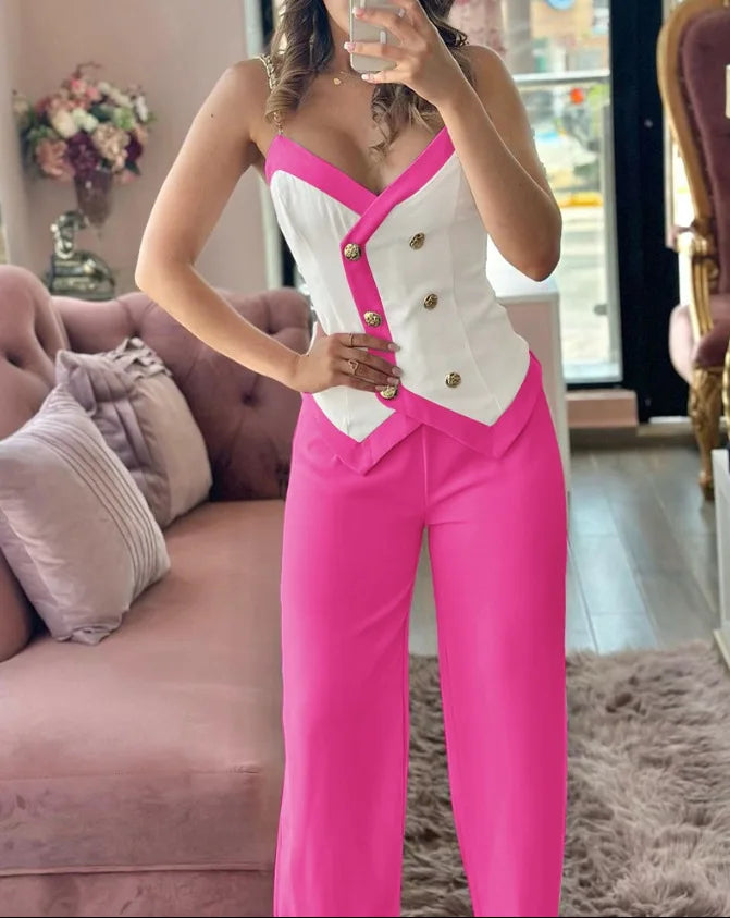 Spring Summer Sleeveless Suit Fashion Print Two Piece Sets Women Sexy V-neck Button Metal Sling Top & Wide Leg Pants Outfits