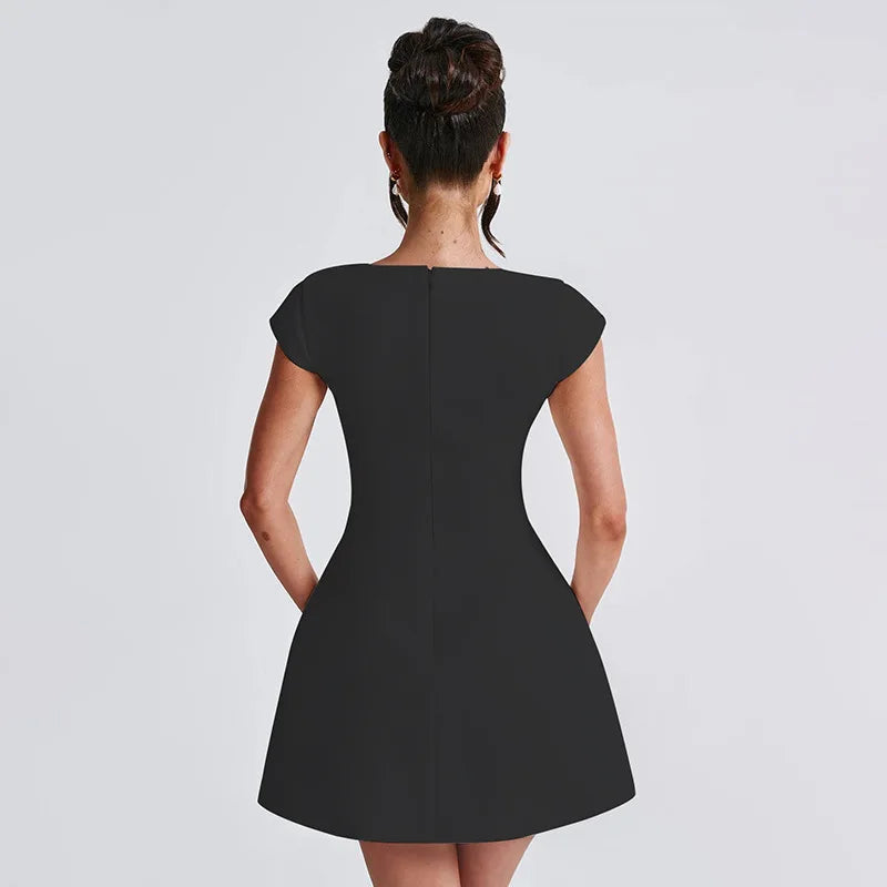 Elegant Womens White Square Collar Chic Mini Dress Luxury Short Dresses Casual Black Pink Evening Party Dresses Birthday Summer
