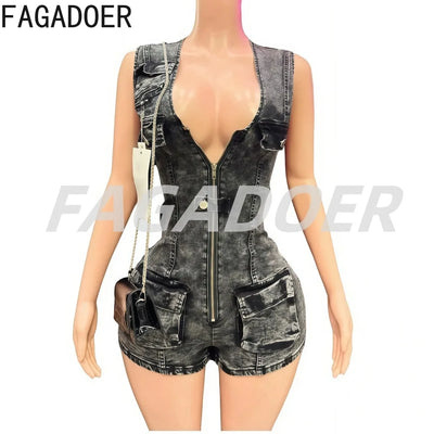 FAGADOER Spring Summer New Sexy Sleeveless Denim Rompers Women Button Zipper Cargo Pocket Patchwork Female Streetwear Overalls