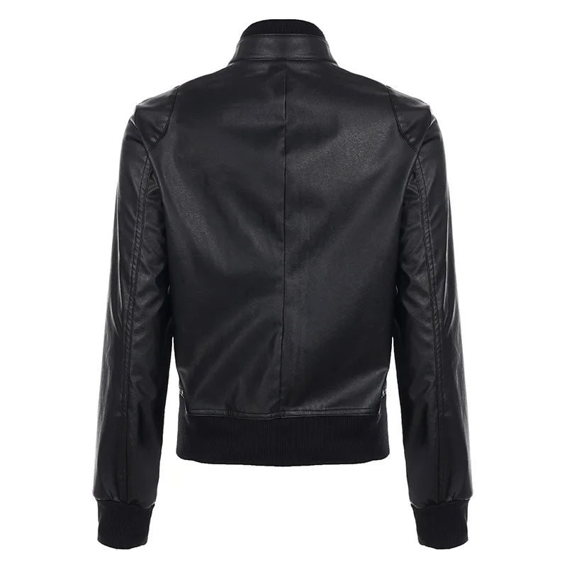Street style waist cinched short stand up collar PU leather spicy girl zipper cardigan casual jacket