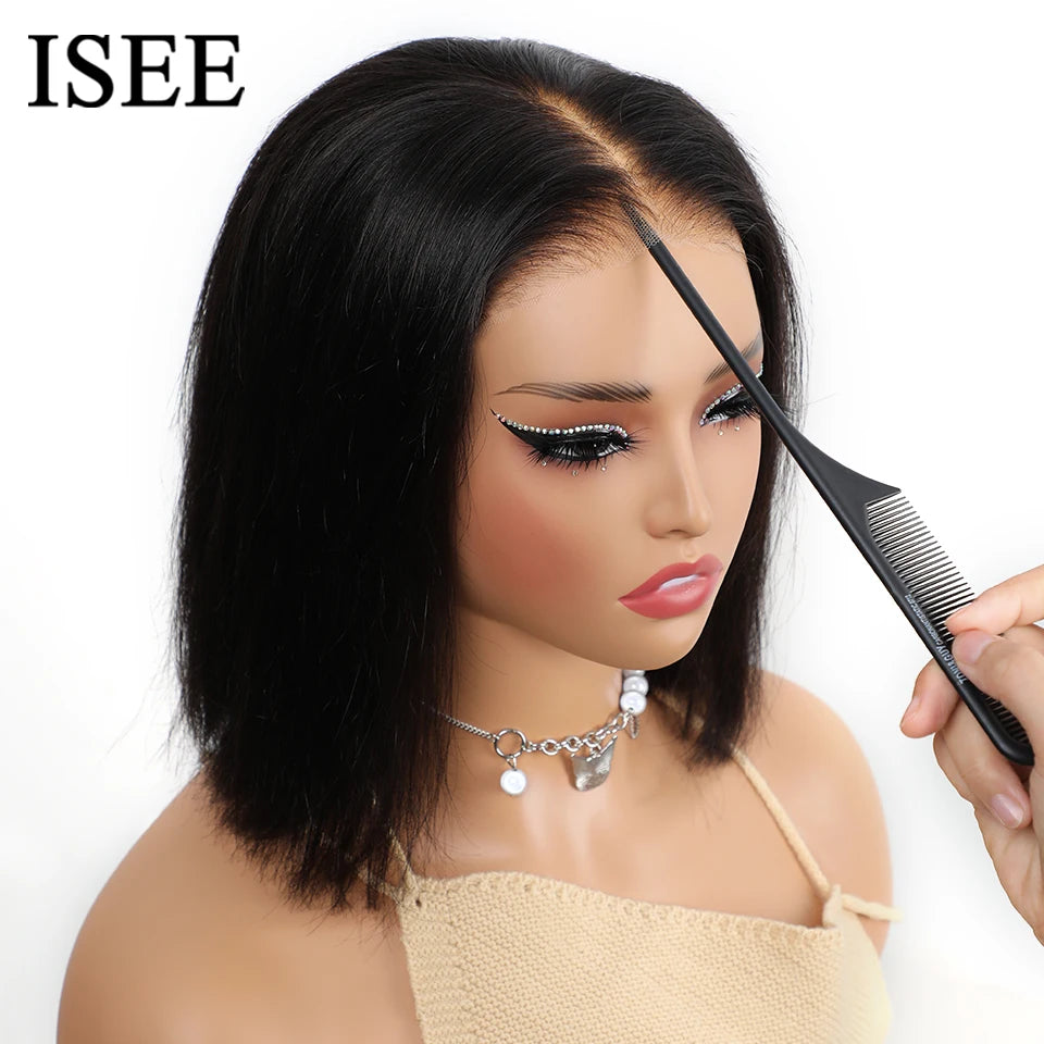 ISEE HAIR Wear And Go Glueless Human Hair Wig Bob HD Lace Straight Short Bob 6x4 Lace Frontal Pre Plucked Human Wigs Ready To Go