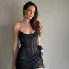 Articat Sexy Strapless Bandage Double-layer Mesh Patchwork Dress Women Perspective Tight Flower Ribbon Vestidos Party Clubwear