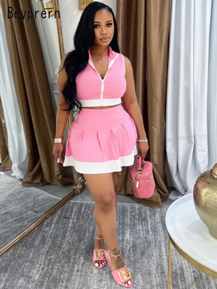Beyprern Cute Girls Zipper Front Crop Top And Ruffles Skirt Set Summer Tracksuits Set Two Piece Dress Sporty Tennis Active Set