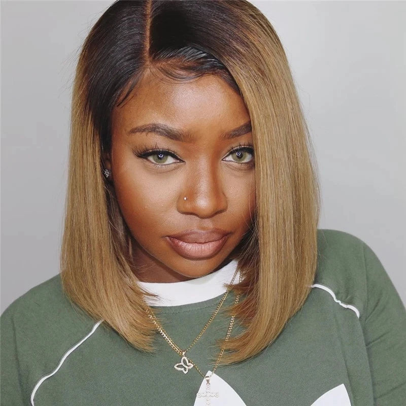 Short Ombre Honey Blonde Bob Wig With Baby Hair Honey Brown Straight Human Hair Wigs Lace Part Side Brown Wigs For Black Women