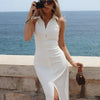 Bornladies Summer Sleeveless Single Breasted Dress Fashionable Ladies Slim Fit Collar Solid Color Long Dresses Women's Clothing