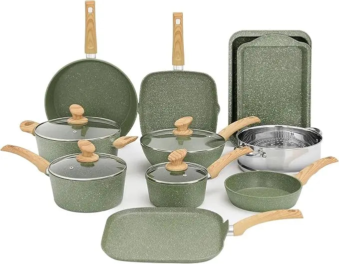 Induction Cookware Set-17 Piece Non-stick Cooking Pan Set, Granite Pots and Pans Set