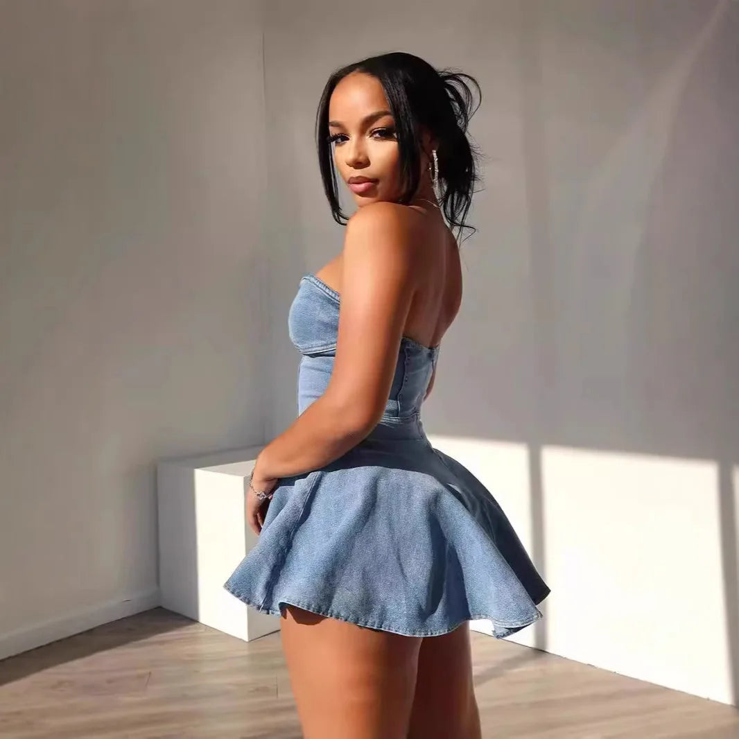 Chest Wrap Sexy Dress Women Sleeveless Backless Splicing Slim Fit Strapless Mini Dresses Sexy A Line 2024 Denim Vestidos
