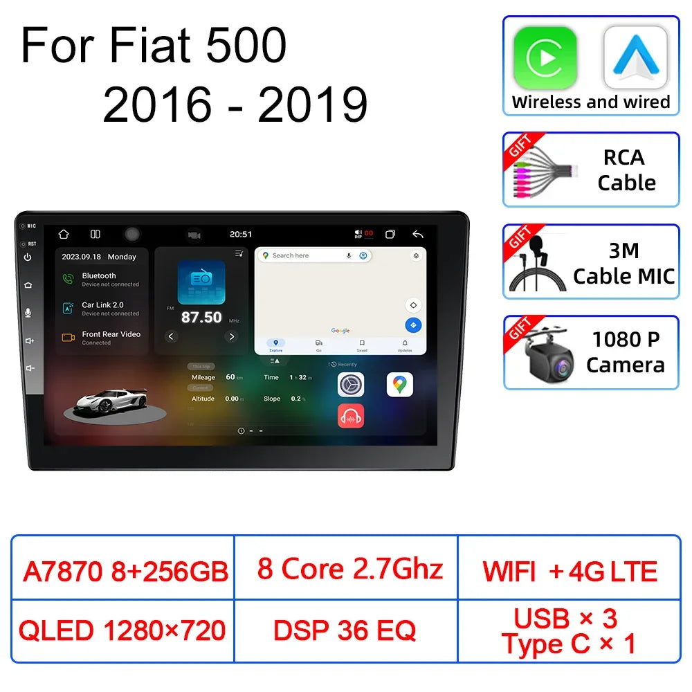 For Fiat 500 2016 2017 2018 2019 Car Multimedia Carplay Android Auto GPS stereo Radio Video Palyer 10 Inch Head Unit