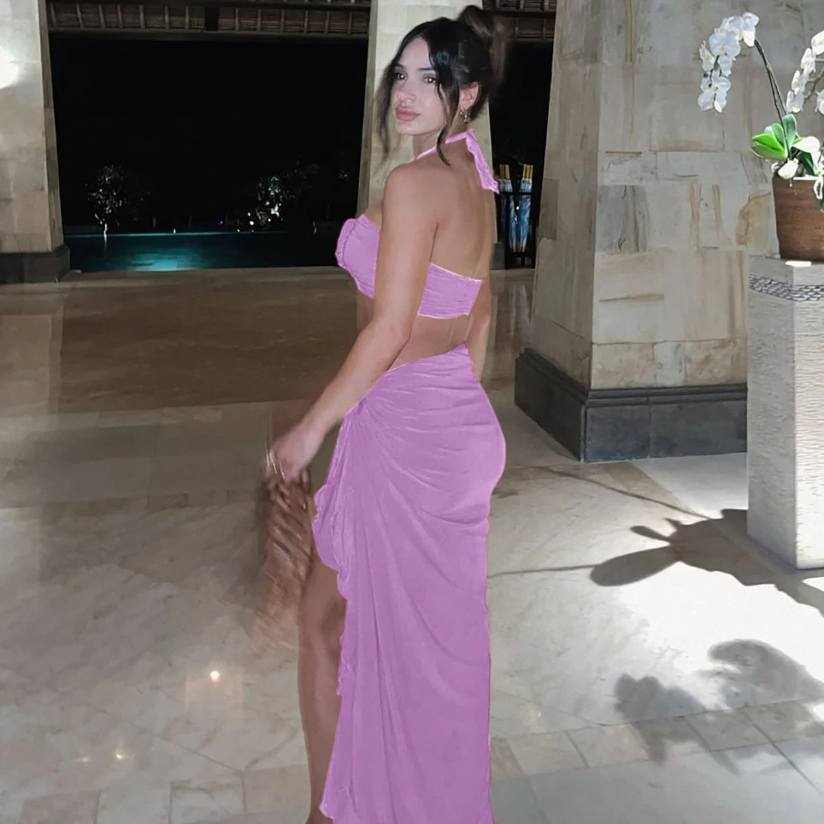Hugcitar Fashion 2 Pcs Sets Strapless Tie Flower Draped Sexy Crop Tank Top Slit Tassel Maxi Skirt Women Outfit Festival Party