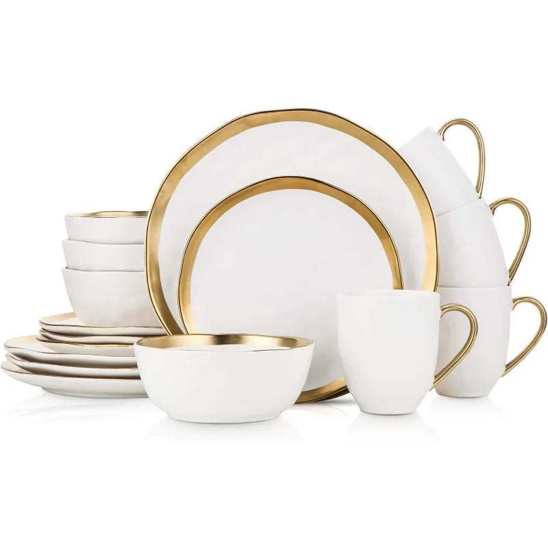 Florian Modern Porcelain 16 Piece Dinnerware Set, Plates and Bowls Set, Dish set for 4, Green and Golden Rim