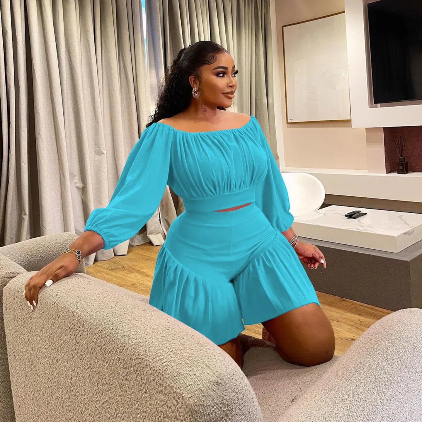 Customized Plus Size Women's Set Long Sleeve Slash Neck T-Shirt and Shorts 2025 Summer Ruched Two 2 Piece Set Outfits Tracksuit