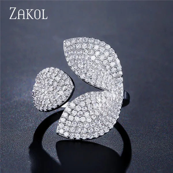 ZAKOL Luxury Sparkling Leaf Flower Micro-paved Zirconia Open Rings for Women Delicate Bridal Wedding Jewelry RP2034