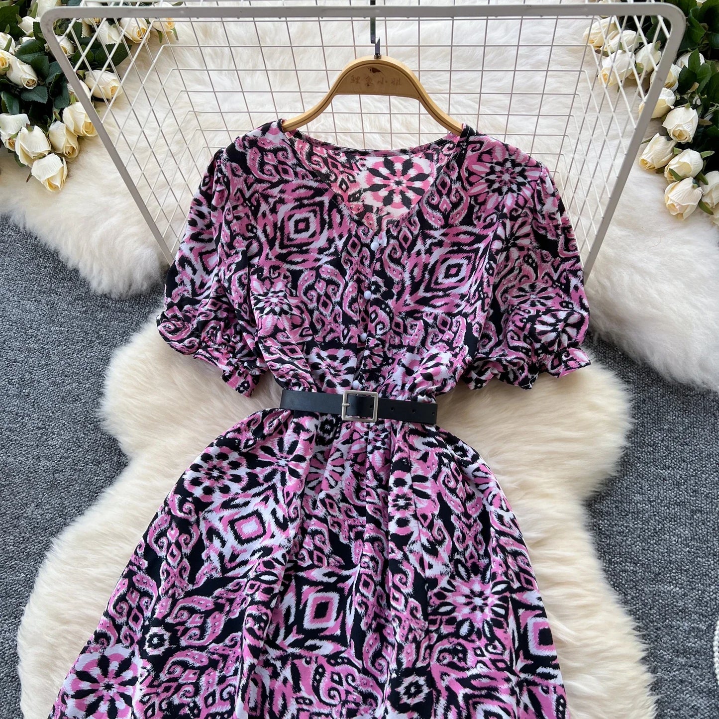 Summer Pleated Women Buttons Dresses Casual Beach Holiday Short Sleeve V Neck Woman Midi Dress Bohemian Mujer Vestidos