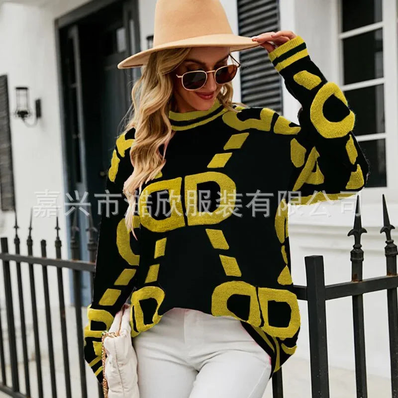 Knitted Sweaters Women 2023 Spring/Autumn Round neck Letter  Embroidery Pullovers Top Temperament casual warm Tee contrast color